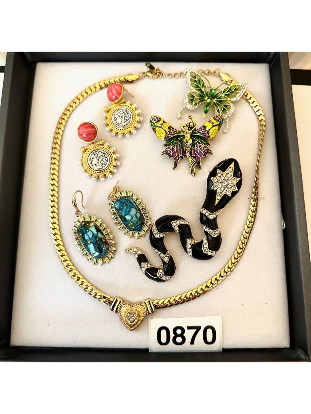 Costume Jewelry Lot Necklaces Pierced Earrings Brooch Pin Coins Butterfly Snake
